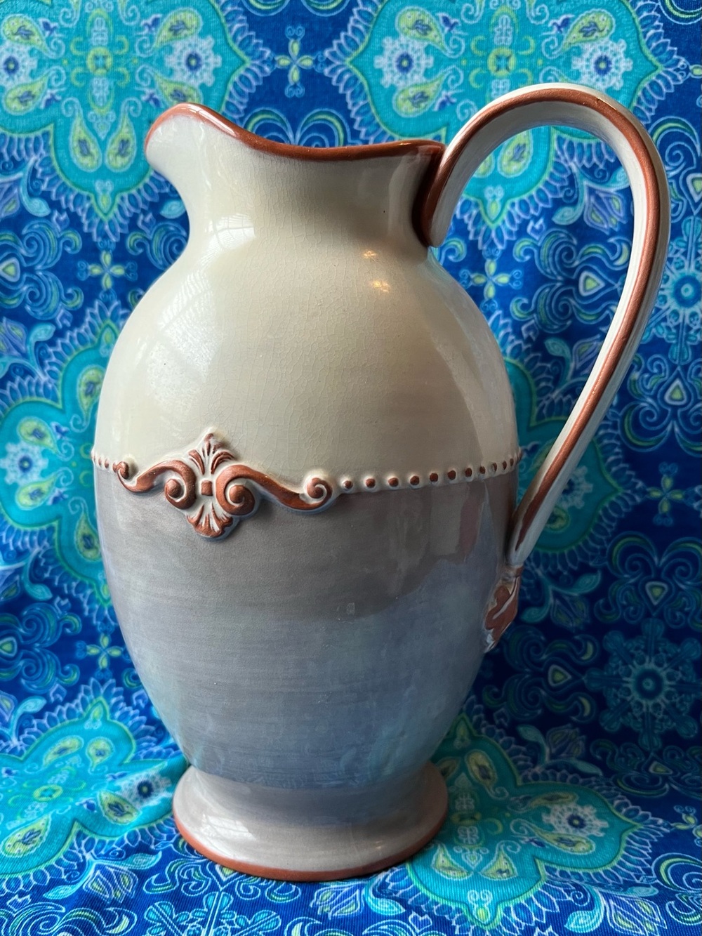Decorative Ceramic Pitcher in Cream,Gray and Orange Trim by Michel & Company